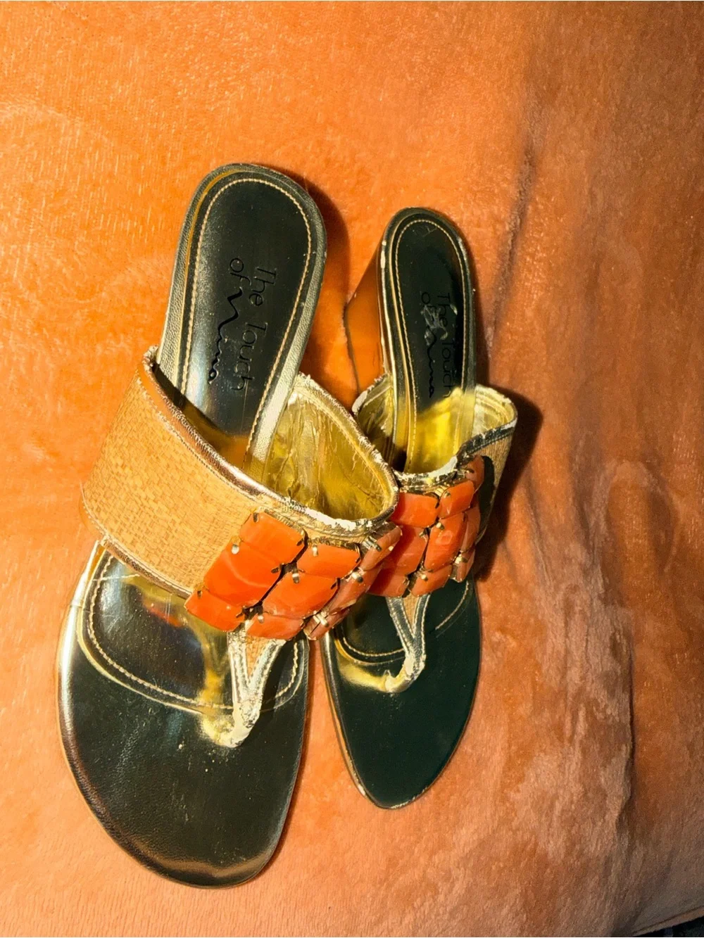 vintage y2k metallic gold - orange jeweled wedge sandals 🧡 touch of nina 8.5 M
